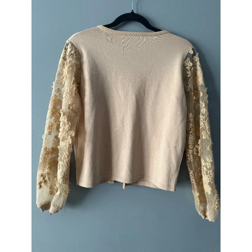 Women’s Small Tan Sheer Embroidered Floral Bell Sleeve Cardigan Boho Y2K Top